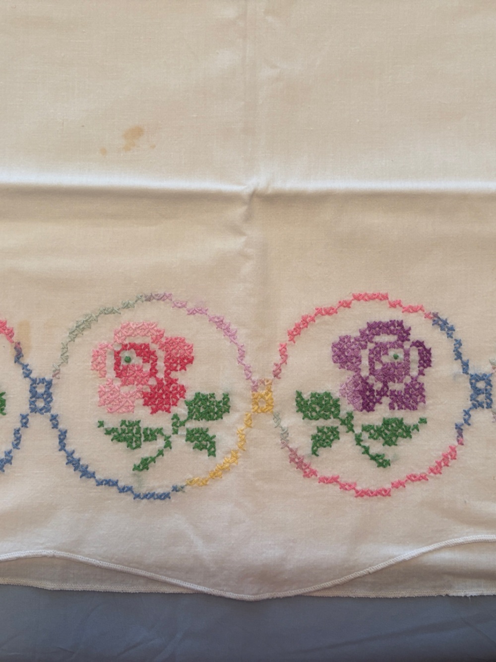 Embroidered Floral Pillowcase - Cream with Pink & Purple Flowers